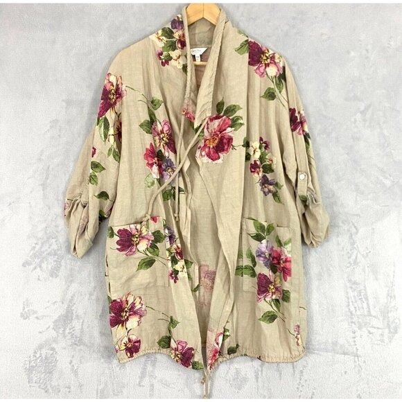 Coral Bay Floral Oversized Linen Open Front Jacket PM Petite Medium Beach Beige - Picture 1 of 16